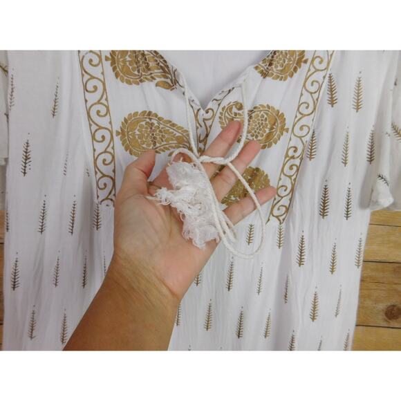Lapogee Dress XL White Copper Paisley Short Sleeve Tassle V-Neck Boho - Picture 3 of 6